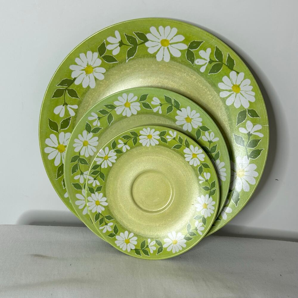 Vintage Brookpark Arcadia Daisy Melamine 12-Piece Plate Set MCM Green